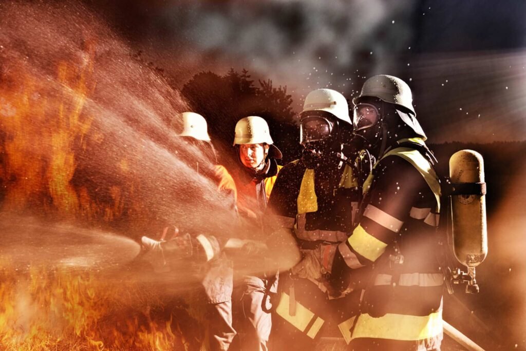 Vigili del fuoco dirigono la lancia contro le fiamme